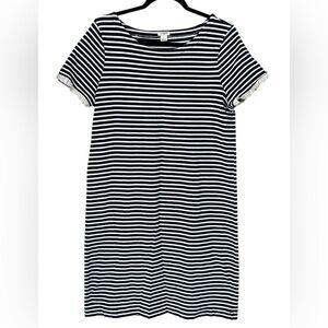 J Crew Blue/White Stripe Knit Shift Dress Lace Ruffle Edging on Sleeves. Size Lg